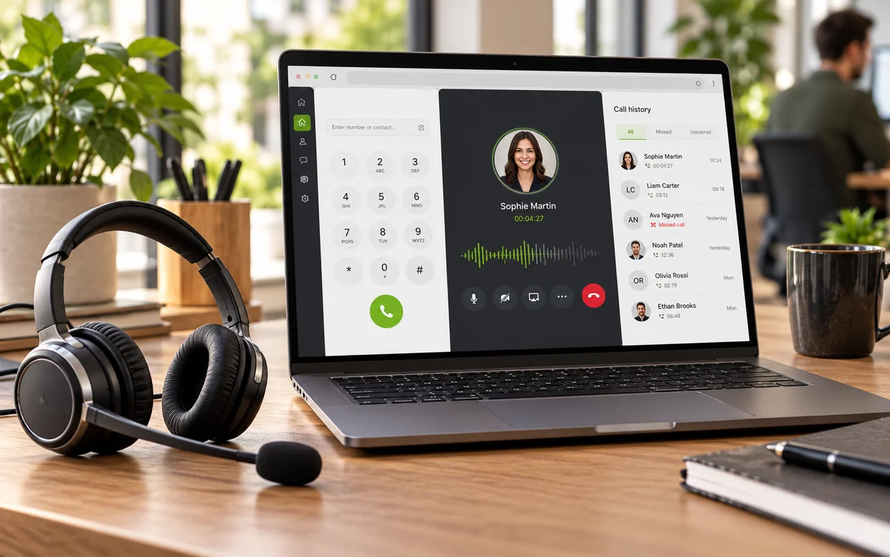 A browser-based business calling workspace with call controls and a headset